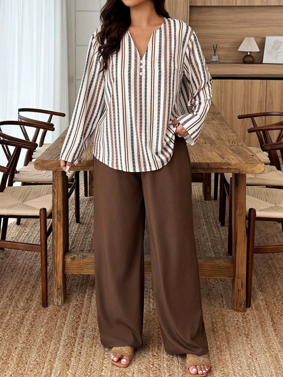 Conjunto De Blusa A Rayas Con Botones y Pantalón Plus Size Conjunto Plus Size 19 ZAPRINI 0XL 