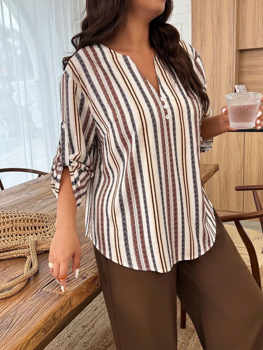 Conjunto De Blusa A Rayas Con Botones y Pantalón Plus Size Conjunto Plus Size 19 ZAPRINI 