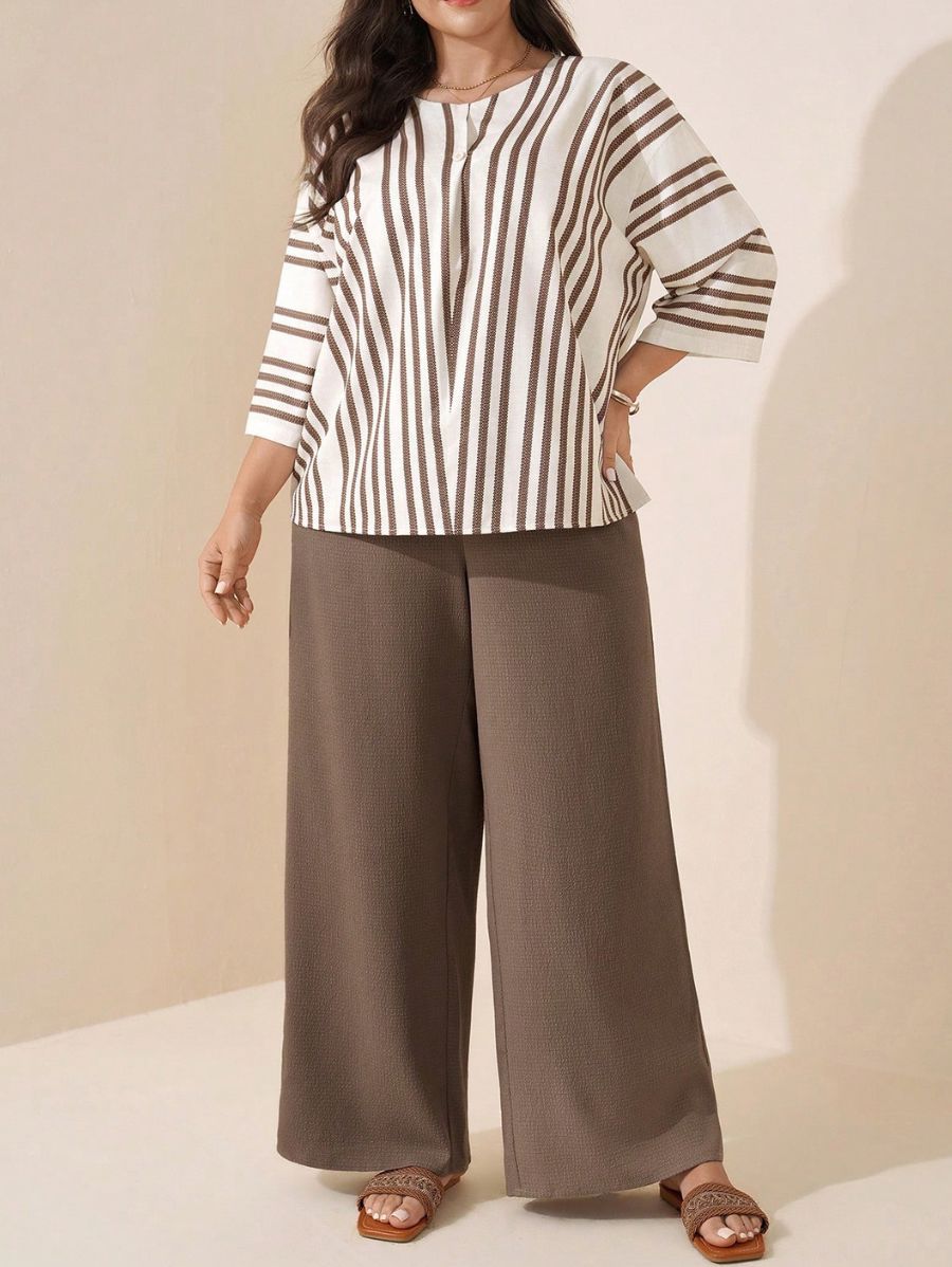 Conjunto De Blusa A Rayas y Pantalón Holgado Plus Size Conjunto Plus Size 14 ZAPRINI 0XL 