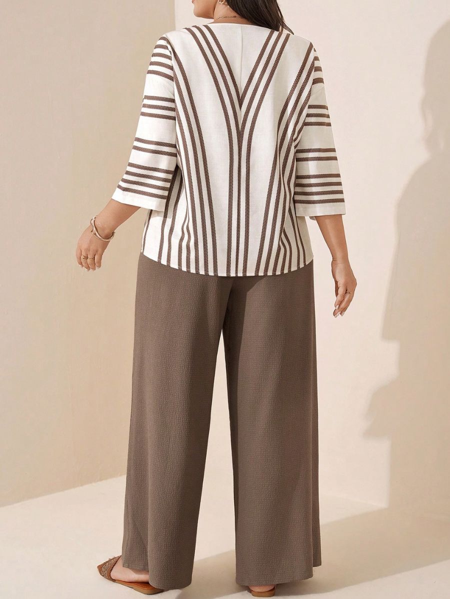 Conjunto De Blusa A Rayas y Pantalón Holgado Plus Size Conjunto Plus Size 14 ZAPRINI 