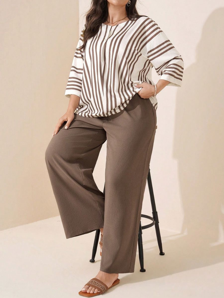 Conjunto De Blusa A Rayas y Pantalón Holgado Plus Size Conjunto Plus Size 14 ZAPRINI 