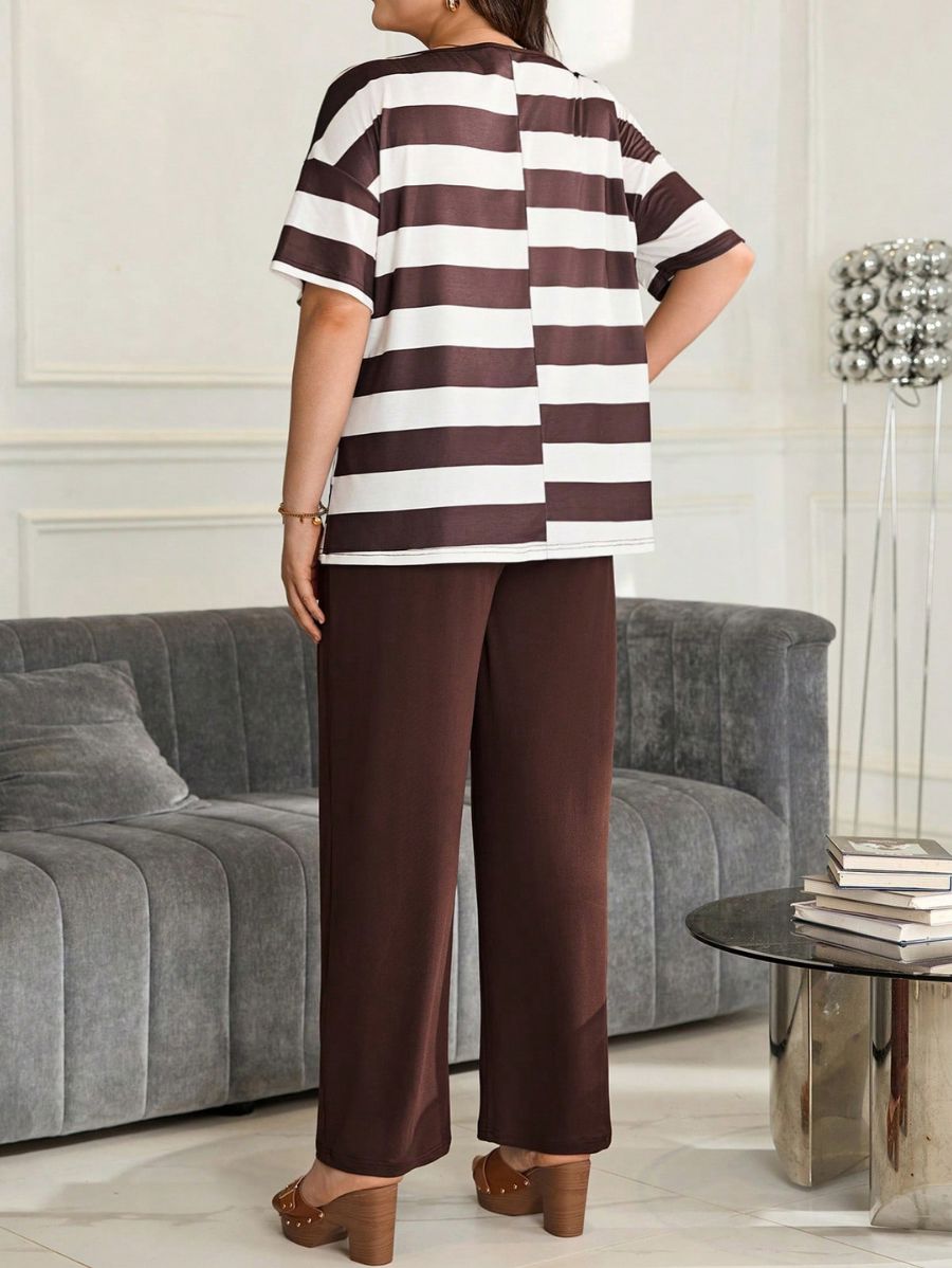 Conjunto De Blusa A Rayas y Pantalón Plus Size Conjunto Plus Size ZAPRINI 0XL 