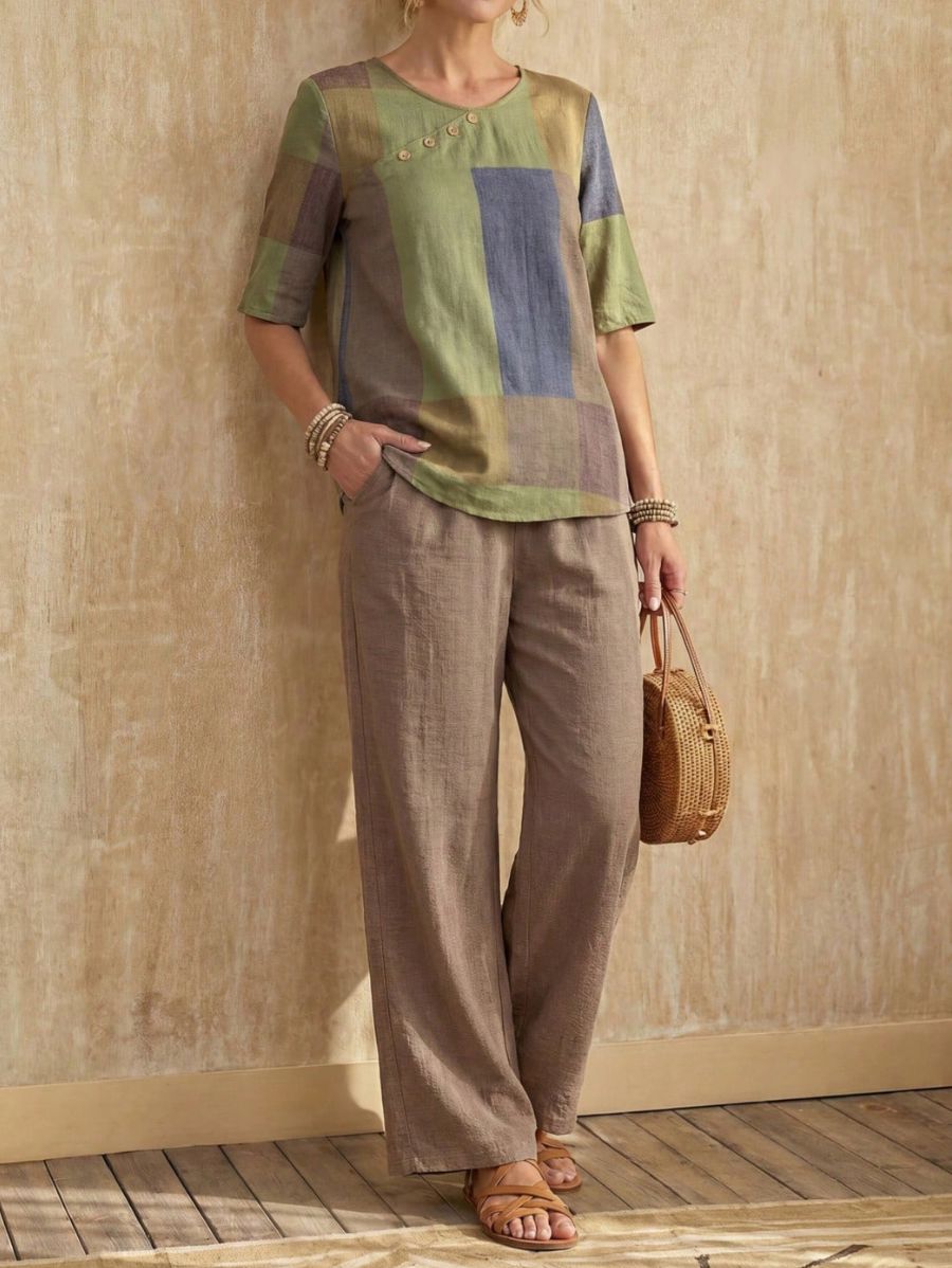 Conjunto De Blusa Con Bloques de Color y Pantalón Conjunto 25 ZAPRINI S 