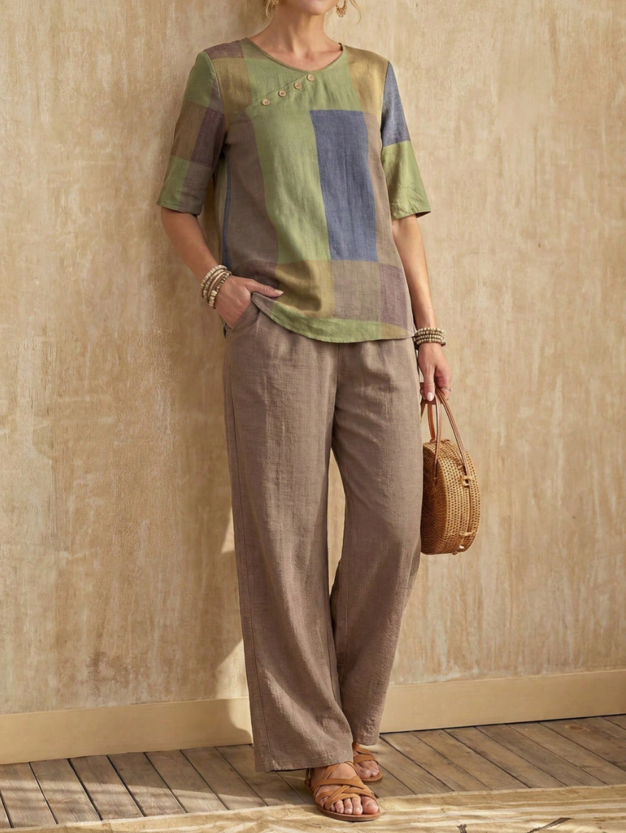 Conjunto De Blusa Con Bloques de Color y Pantalón