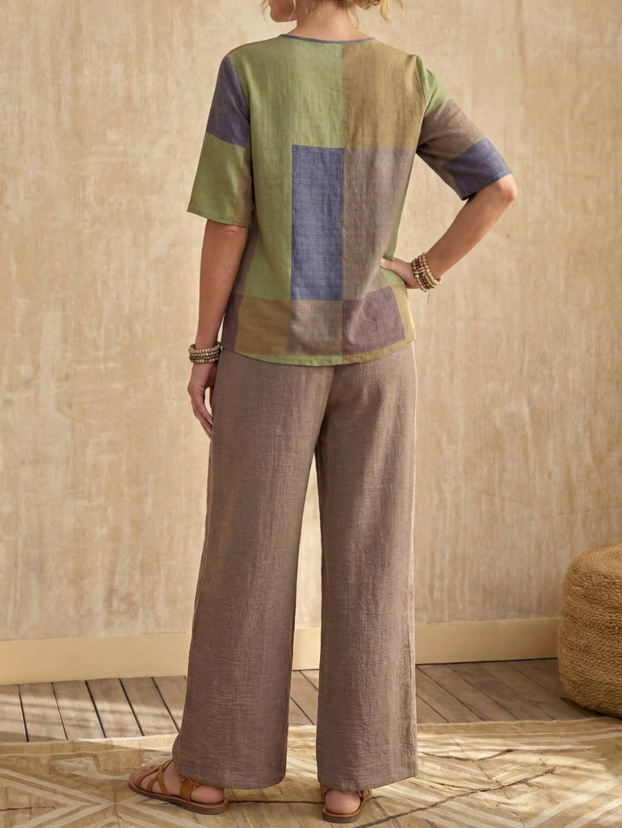 Conjunto De Blusa Con Bloques de Color y Pantalón