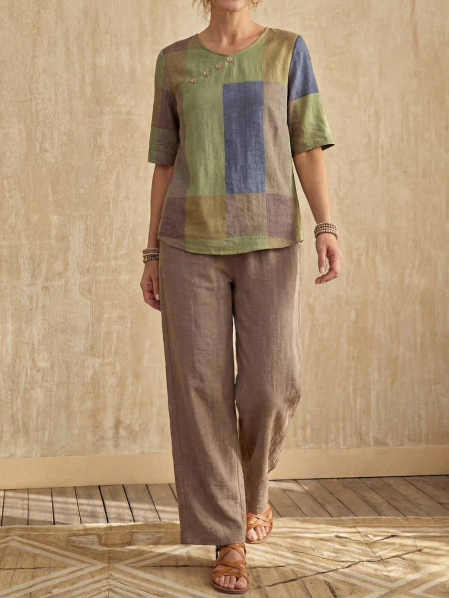 Conjunto De Blusa Con Bloques de Color y Pantalón