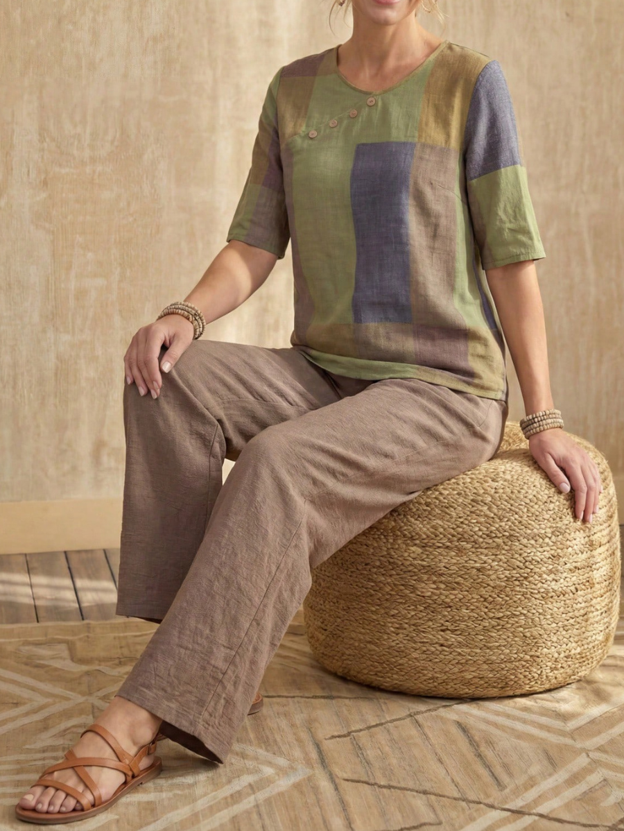Conjunto De Blusa Con Bloques de Color y Pantalón