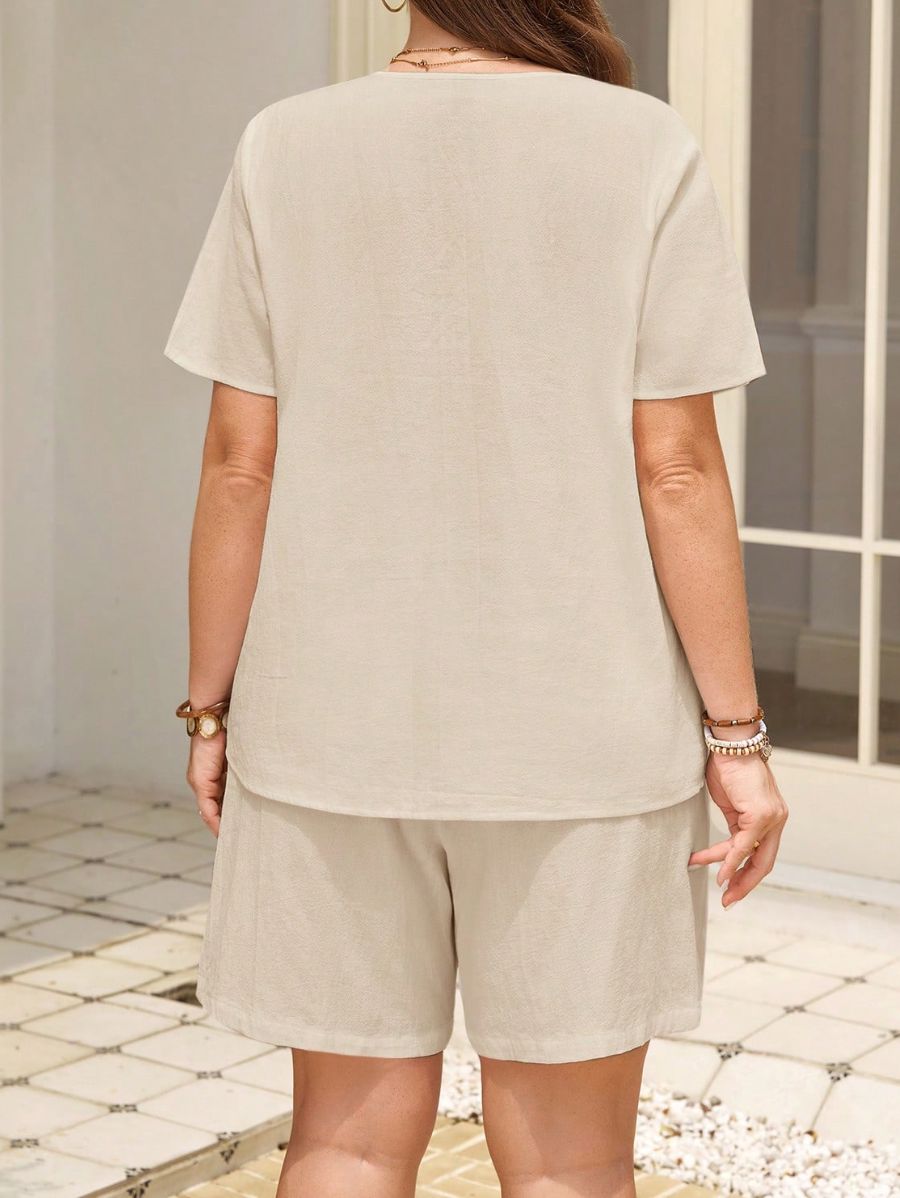 Conjunto De Blusa Con Botones y Short Plus Size Conjunto Plus Size 06 ZAPRINI Beige 0XL 