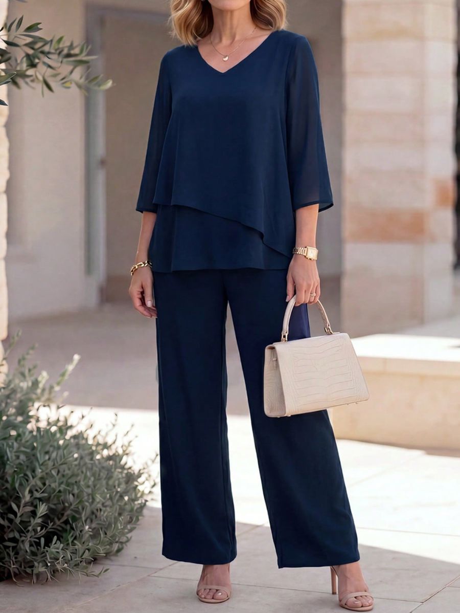 Conjunto De Blusa Con Escote En V y Pantalón En Chifón Conjunto 10 ZAPRINI S 