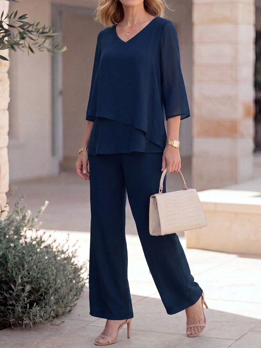 Conjunto De Blusa Con Escote En V y Pantalón En Chifón Conjunto 10 ZAPRINI 
