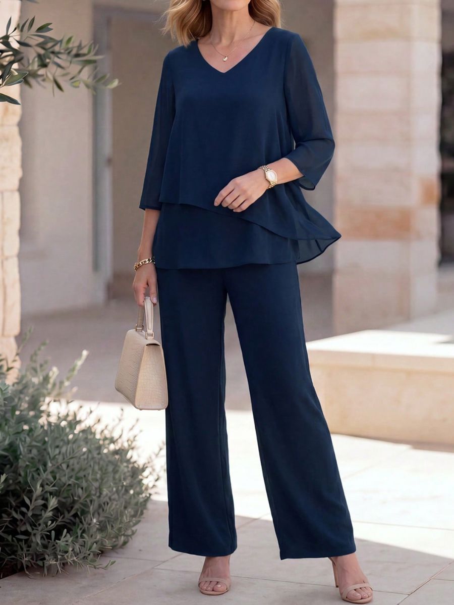 Conjunto De Blusa Con Escote En V y Pantalón En Chifón Conjunto 10 ZAPRINI 