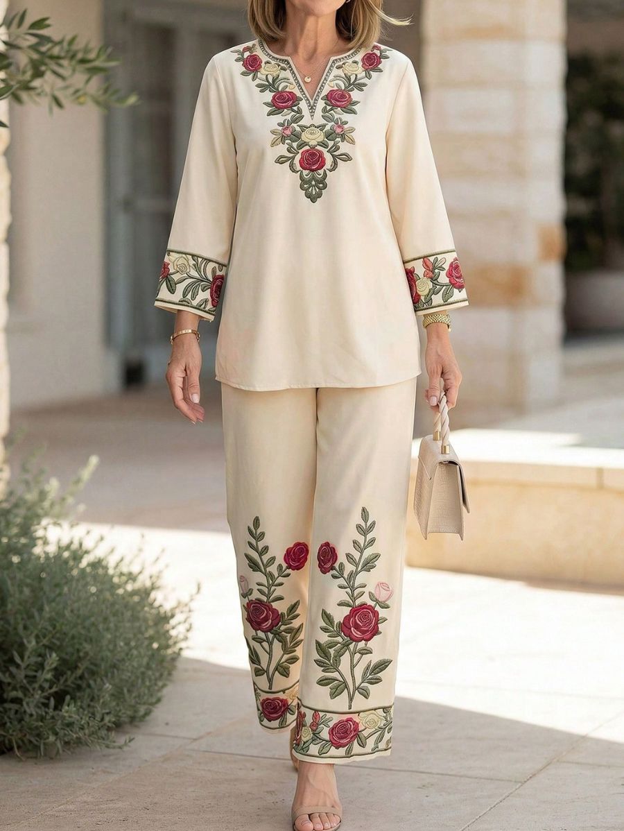 Conjunto De Blusa Con Escote En V y Pantalón Floral Conjunto 22 ZAPRINI Beige S 