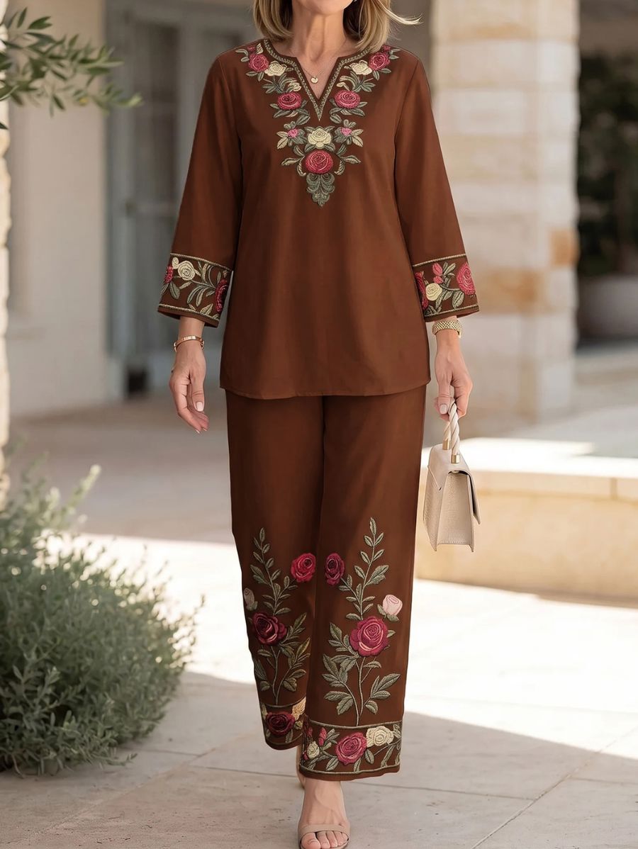 Conjunto De Blusa Con Escote En V y Pantalón Floral Conjunto 22 ZAPRINI Marrón S 