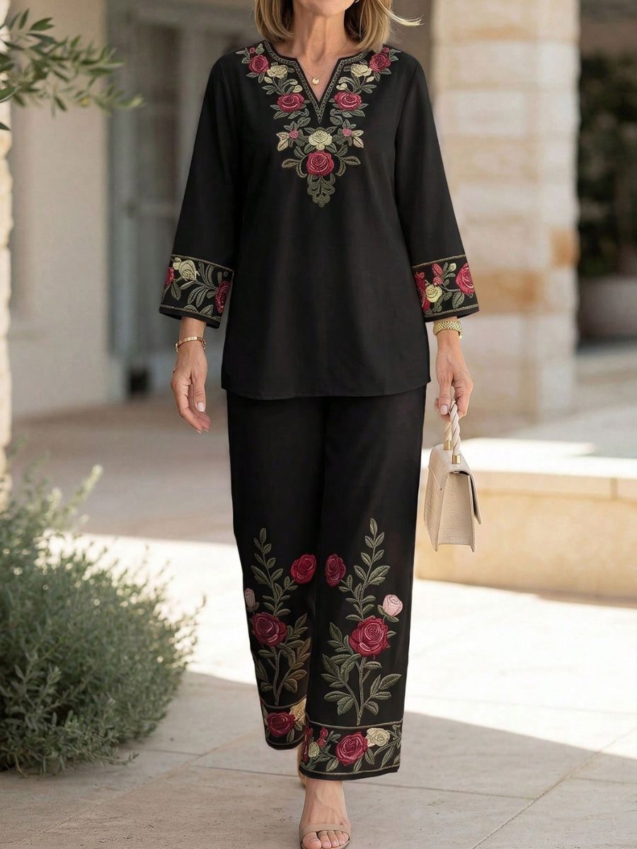 Conjunto De Blusa Con Escote En V y Pantalón Floral Conjunto 22 ZAPRINI Negro S 