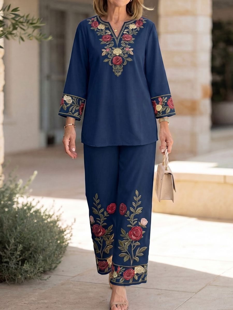 Conjunto De Blusa Con Escote En V y Pantalón Floral Conjunto 22 ZAPRINI Azul S 
