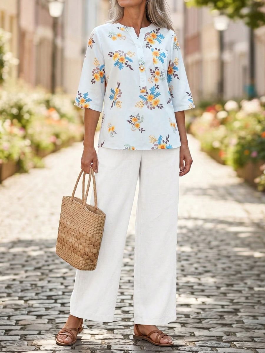 Conjunto De Blusa Floral y Pantalón Liso Conjunto 06 ZAPRINI S 