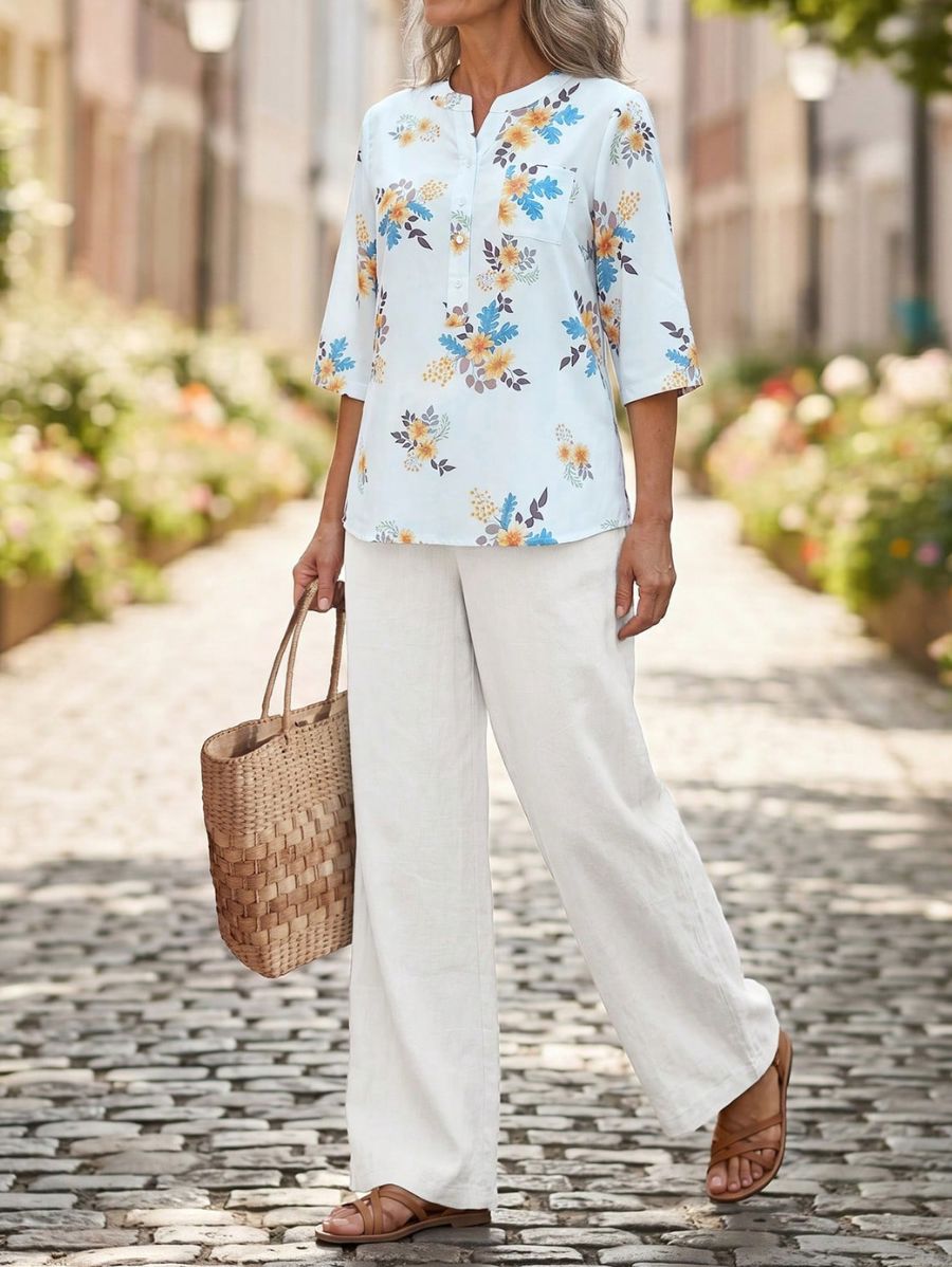 Conjunto De Blusa Floral y Pantalón Liso Conjunto 06 ZAPRINI 