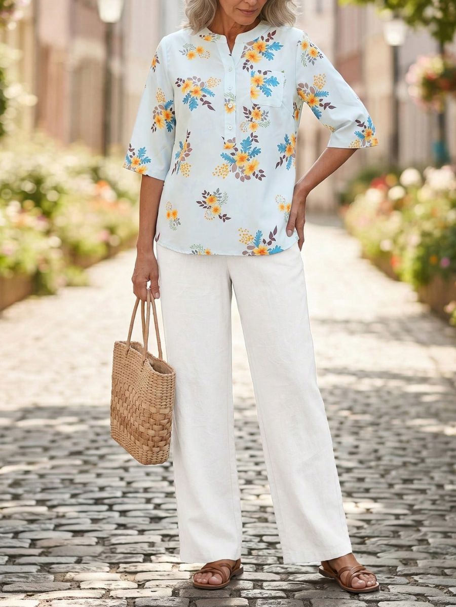 Conjunto De Blusa Floral y Pantalón Liso Conjunto 06 ZAPRINI 