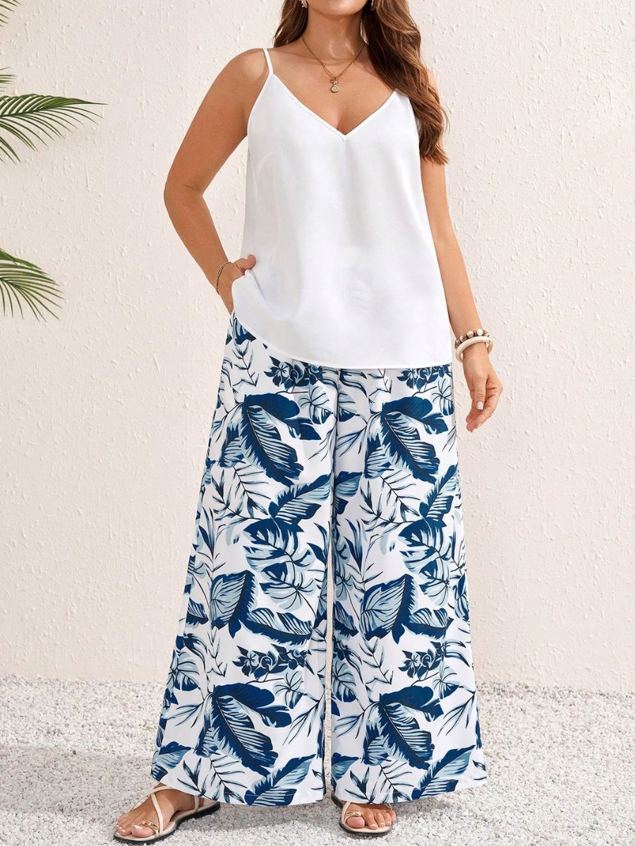 Conjunto De Blusa Lisa y Pantalón Holgado Estampado Plus Size Conjunto Plus Size 03 ZAPRINI 0XL 