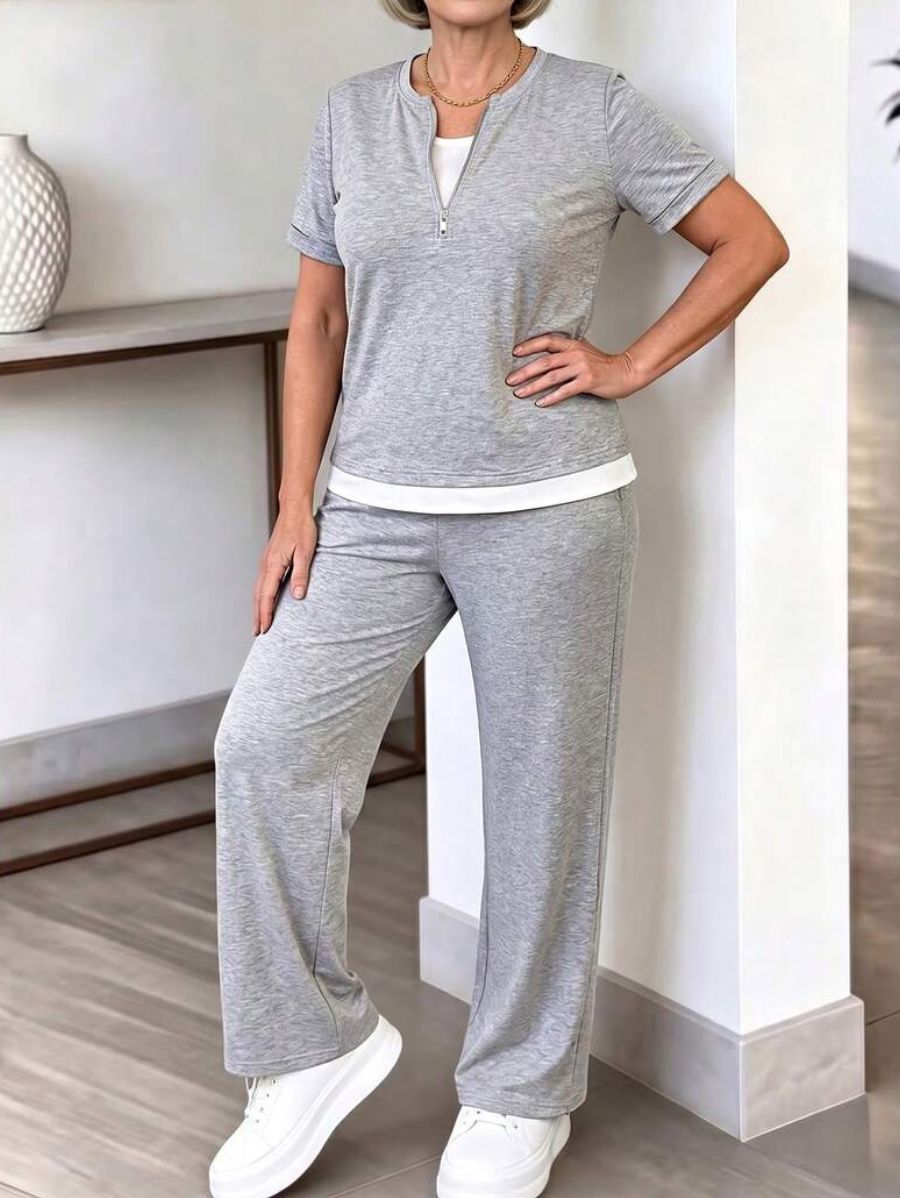 Conjunto De Blusa Manga Corta Con Cierre y Pantalón Conjunto 18 ZAPRINI S 