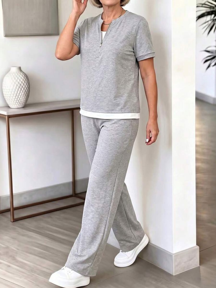 Conjunto De Blusa Manga Corta Con Cierre y Pantalón Conjunto 18 ZAPRINI 