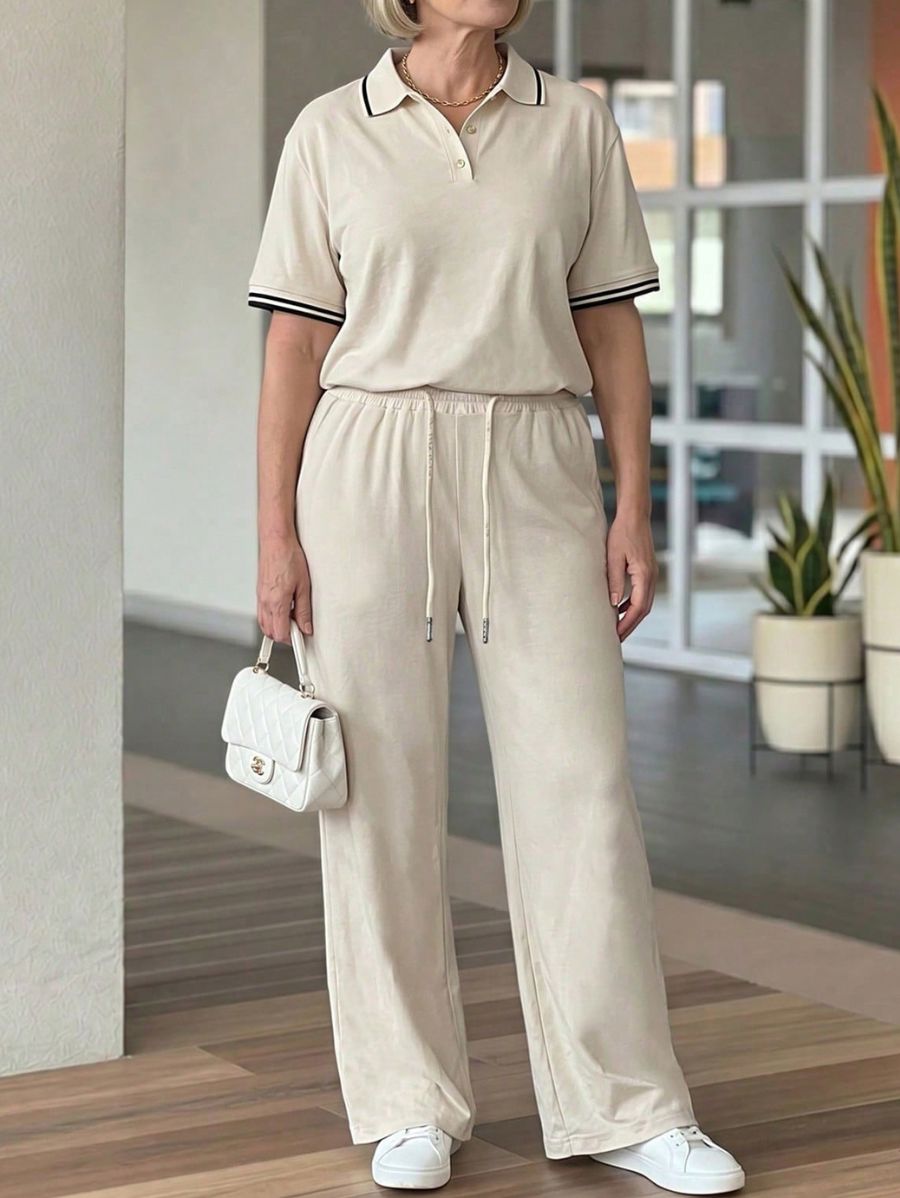 Conjunto De Blusa Manga Corta Con Contraste y Pantalón Holgado Conjunto 09 ZAPRINI S 
