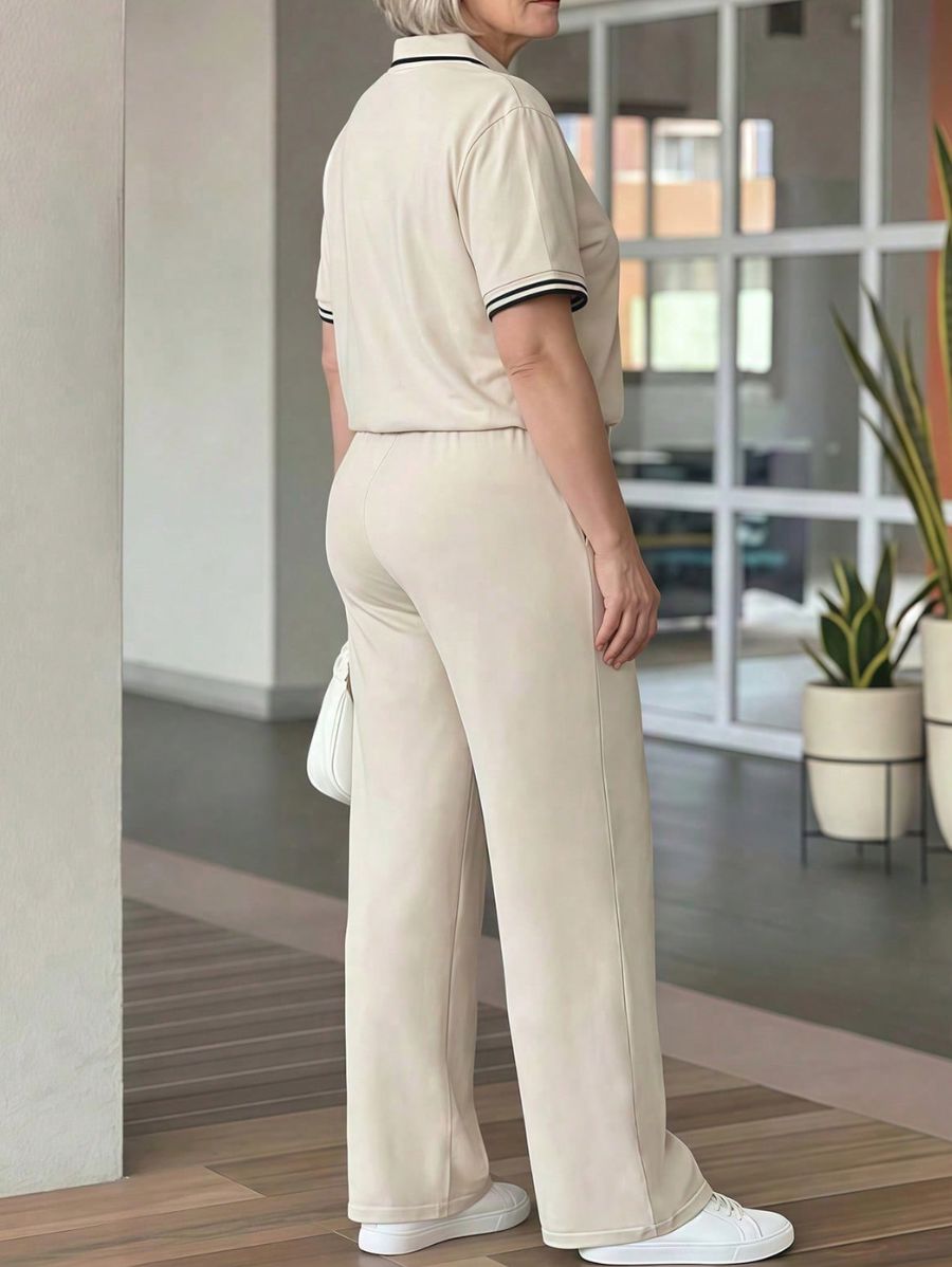 Conjunto De Blusa Manga Corta Con Contraste y Pantalón Holgado Conjunto 09 ZAPRINI 