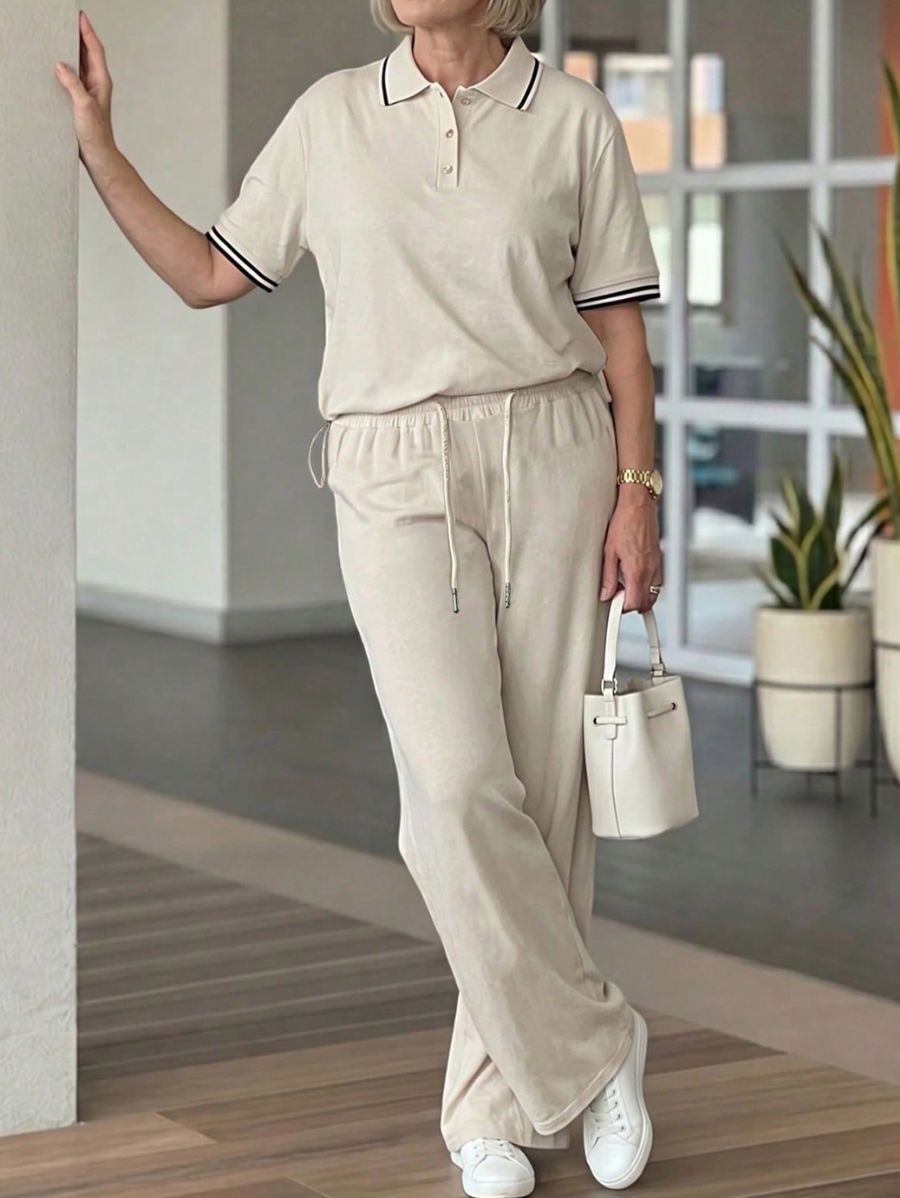 Conjunto De Blusa Manga Corta Con Contraste y Pantalón Holgado Conjunto 09 ZAPRINI 