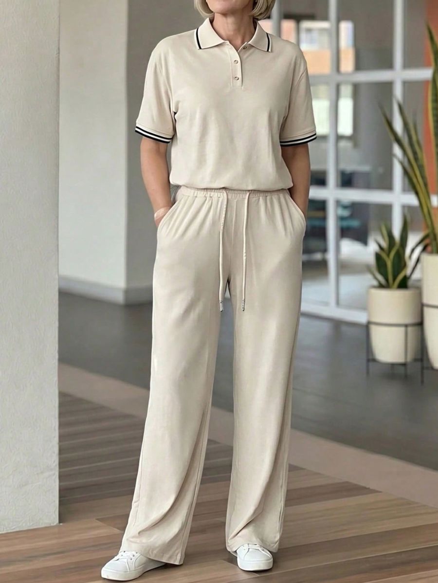 Conjunto De Blusa Manga Corta Con Contraste y Pantalón Holgado Conjunto 09 ZAPRINI 