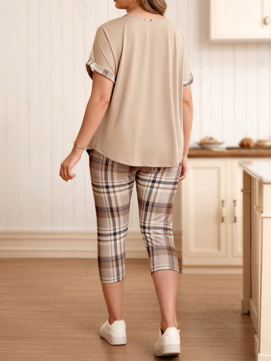 Conjunto De Blusa Manga Corta y Legging Capri Plus Size