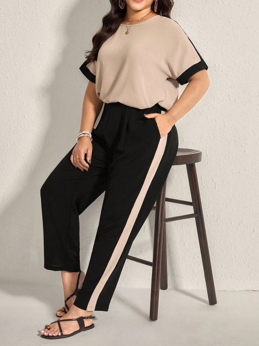 Conjunto De Blusa Manga Corta y Pantalón Con Contraste Plus Size Conjunto Plus Size 18 ZAPRINI Beige 0XL 