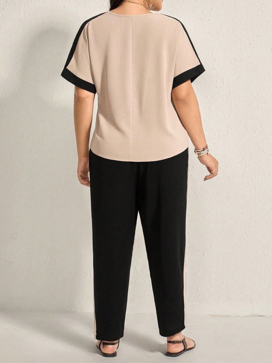 Conjunto De Blusa Manga Corta y Pantalón Con Contraste Plus Size Conjunto Plus Size 18 ZAPRINI 