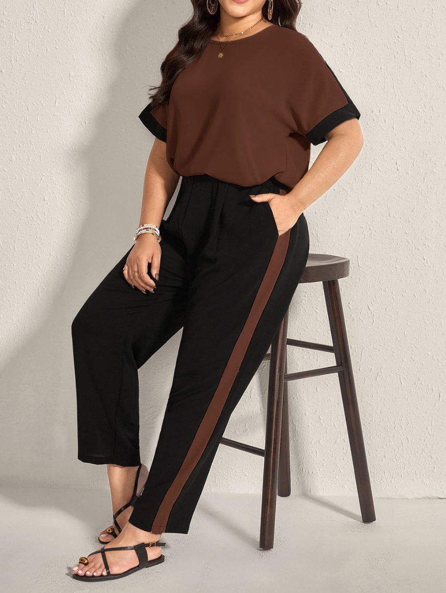 Conjunto De Blusa Manga Corta y Pantalón Con Contraste Plus Size Conjunto Plus Size 18 ZAPRINI Marrón 0XL 