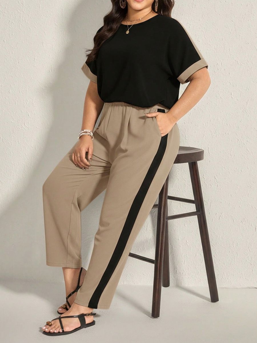 Conjunto De Blusa Manga Corta y Pantalón Con Contraste Plus Size Conjunto Plus Size 18 ZAPRINI Negro 0XL 