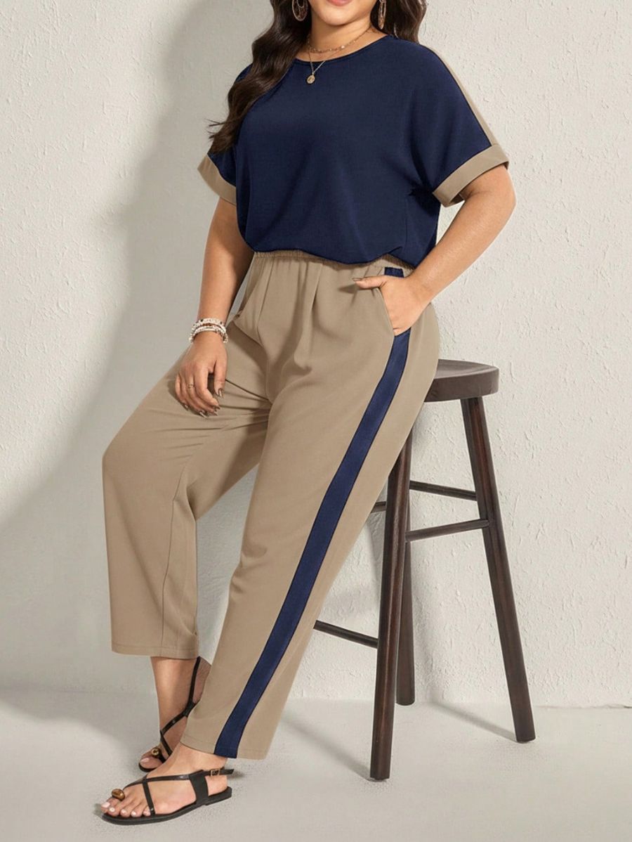 Conjunto De Blusa Manga Corta y Pantalón Con Contraste Plus Size Conjunto Plus Size 18 ZAPRINI Azul 0XL 