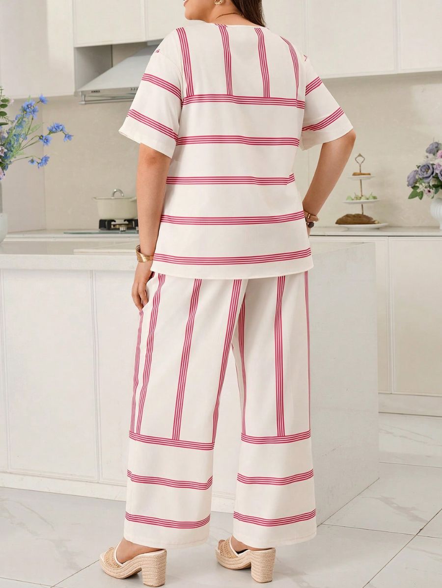 Conjunto De Blusa Manga Corta y Pantalón Con Rayas Plus Size Conjunto Plus Size 02 ZAPRINI 