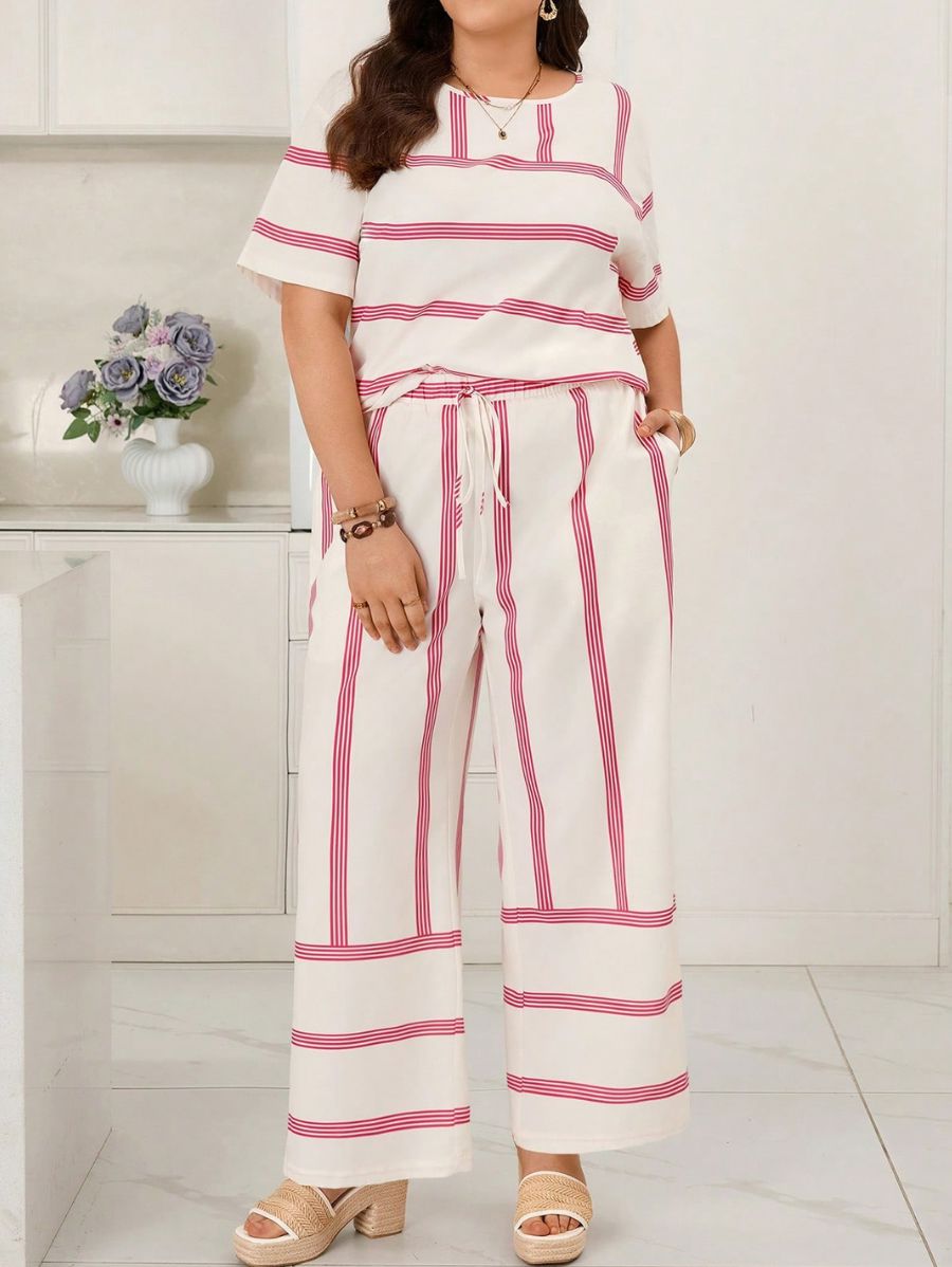 Conjunto De Blusa Manga Corta y Pantalón Con Rayas Plus Size Conjunto Plus Size 02 ZAPRINI 