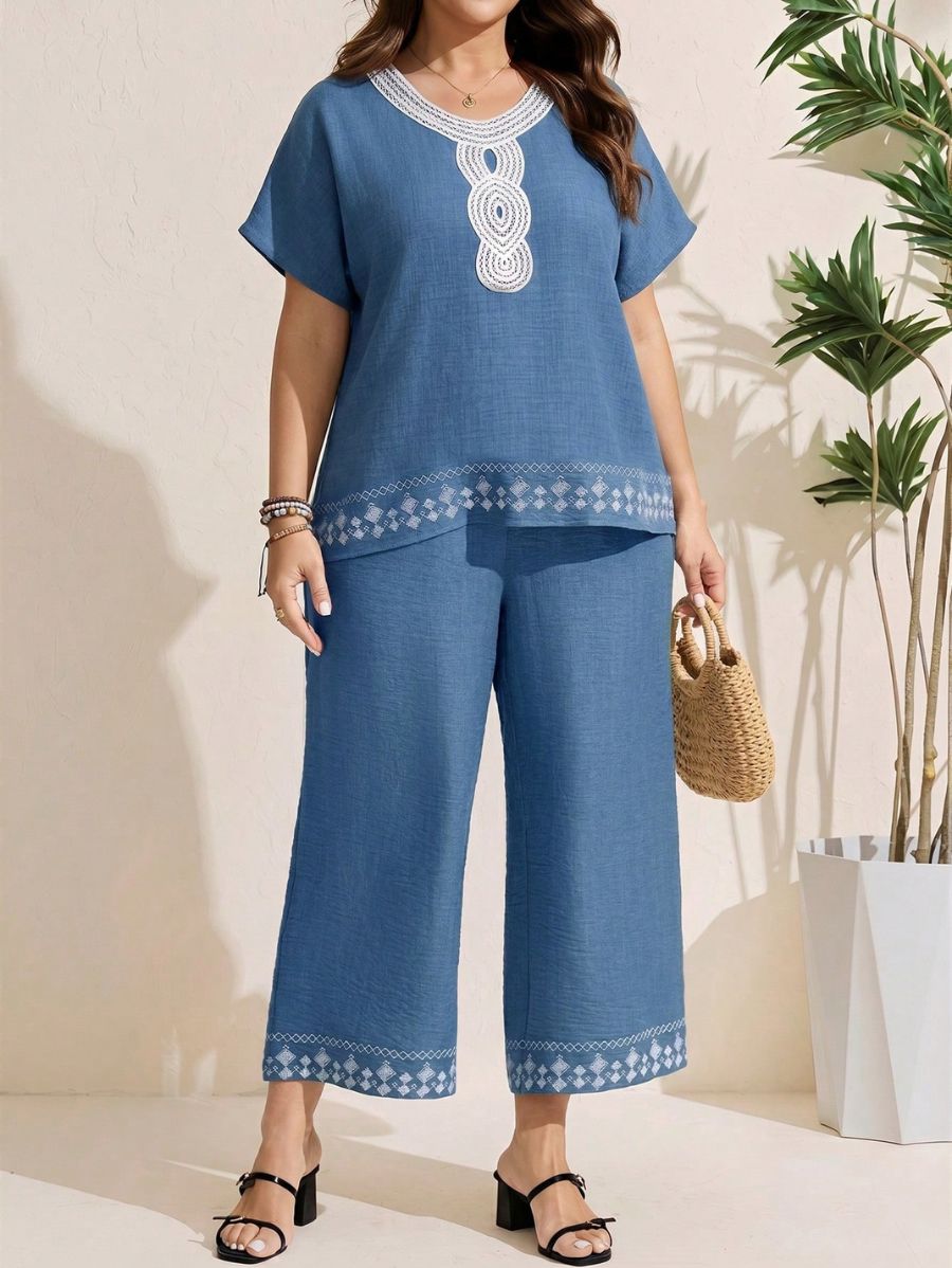Conjunto De Blusa y Pantalón Con Bordado Plus Size Conjunto Plus Size 16 ZAPRINI Azul 0XL 