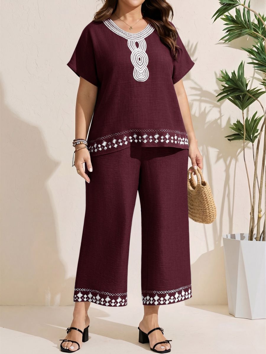 Conjunto De Blusa y Pantalón Con Bordado Plus Size Conjunto Plus Size 16 ZAPRINI Bordo 0XL 