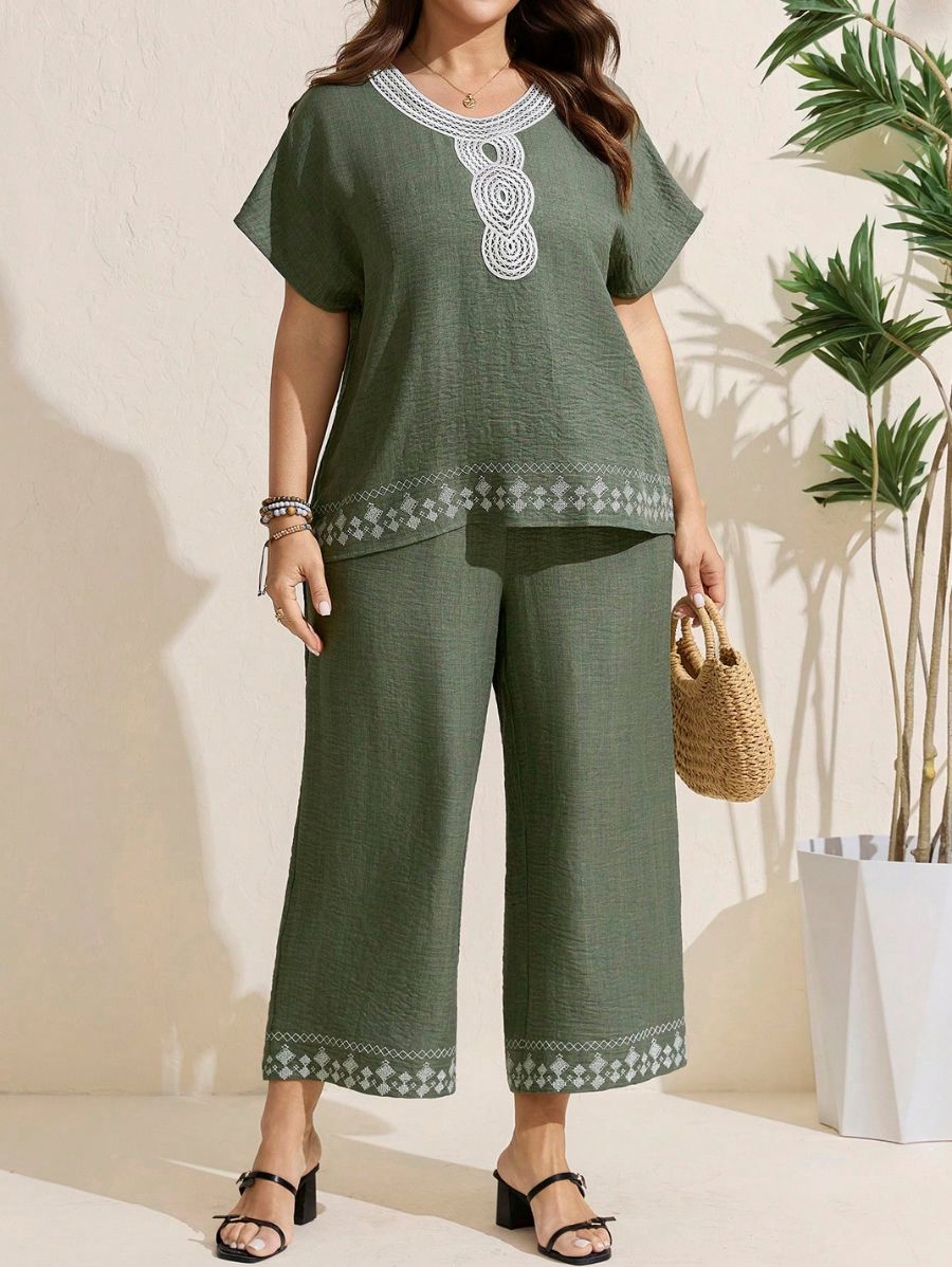 Conjunto De Blusa y Pantalón Con Bordado Plus Size Conjunto Plus Size 16 ZAPRINI Verde 0XL 