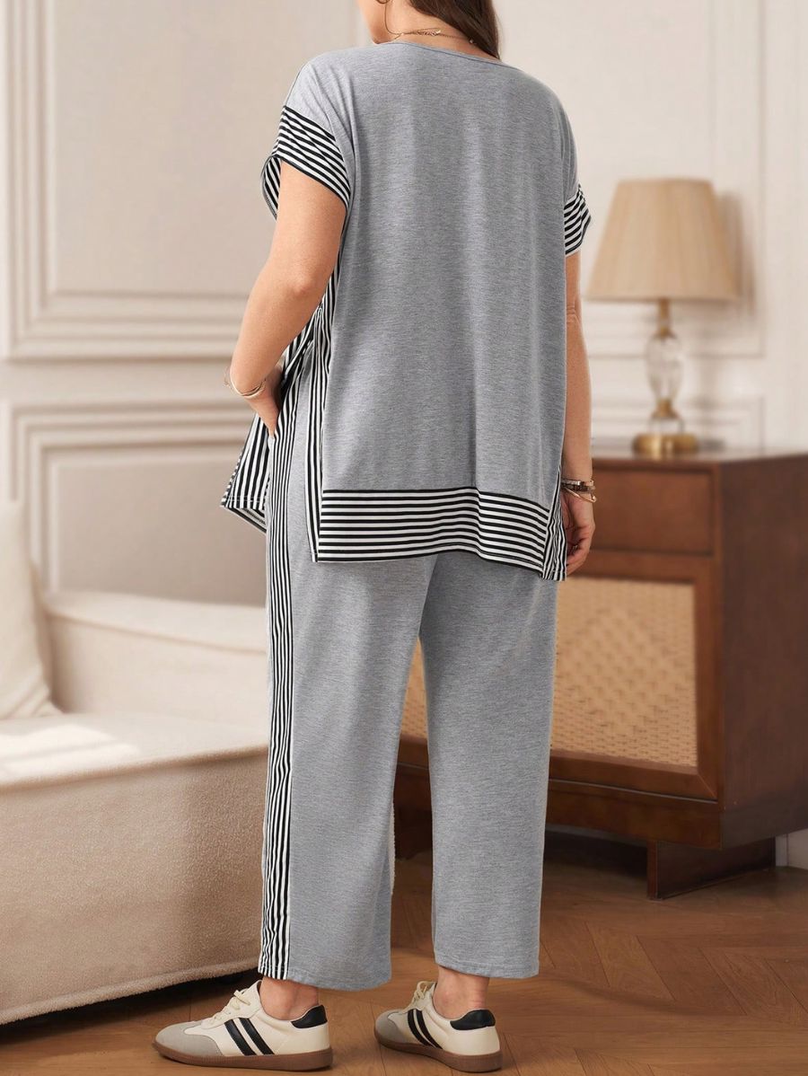 Conjunto De Blusa y Pantalón Con Rayas Holgados Plus Size Conjunto Plus Size 04 ZAPRINI Gris 0XL 