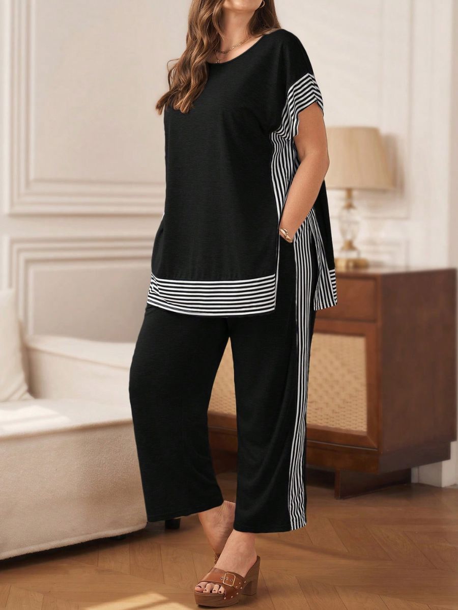 Conjunto De Blusa y Pantalón Con Rayas Holgados Plus Size Conjunto Plus Size 04 ZAPRINI Negro 0XL 