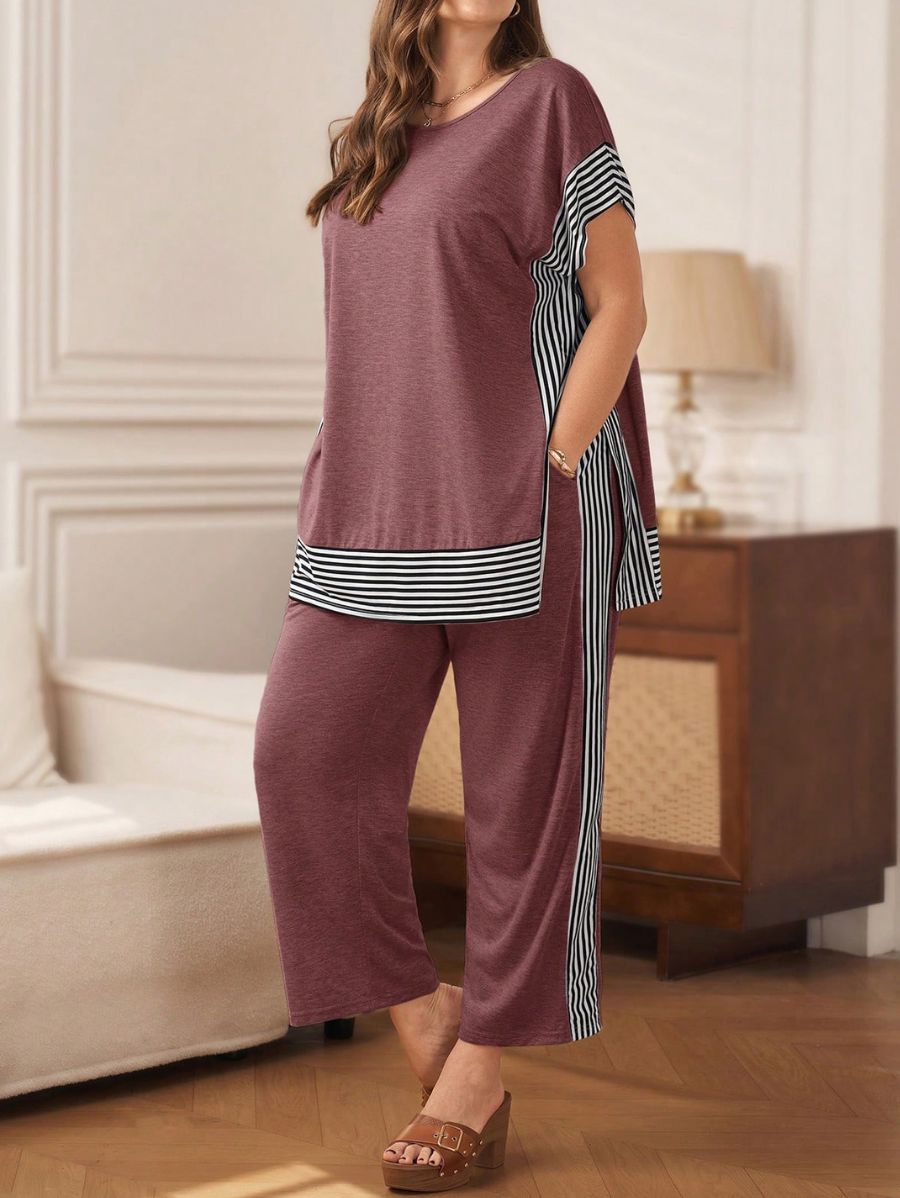Conjunto De Blusa y Pantalón Con Rayas Holgados Plus Size Conjunto Plus Size 04 ZAPRINI Rosa 0XL 