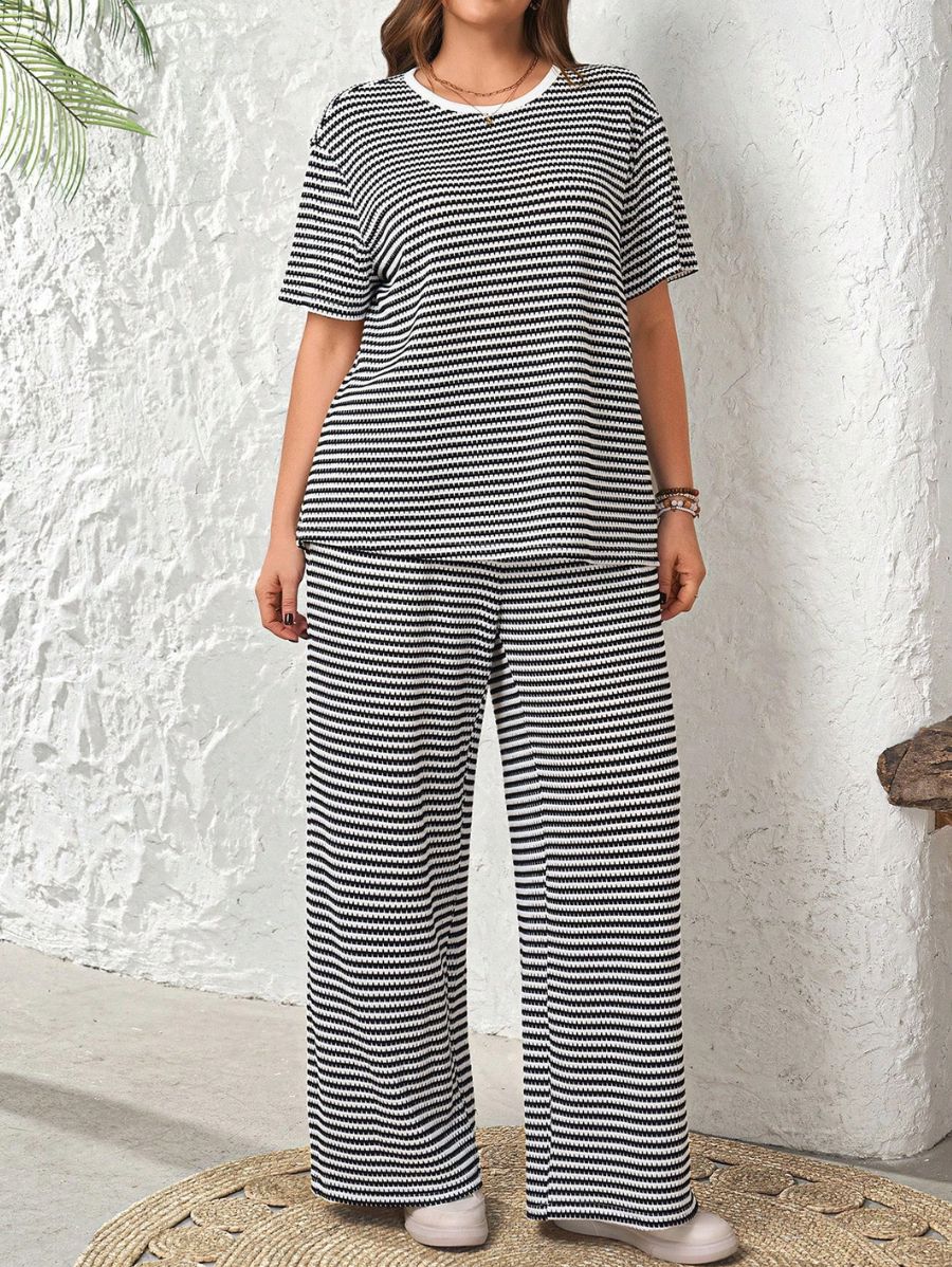 Conjunto De Blusa y Pantalón Holgado A Rayas Plus Size Conjunto Plus Size 07 ZAPRINI 0XL 
