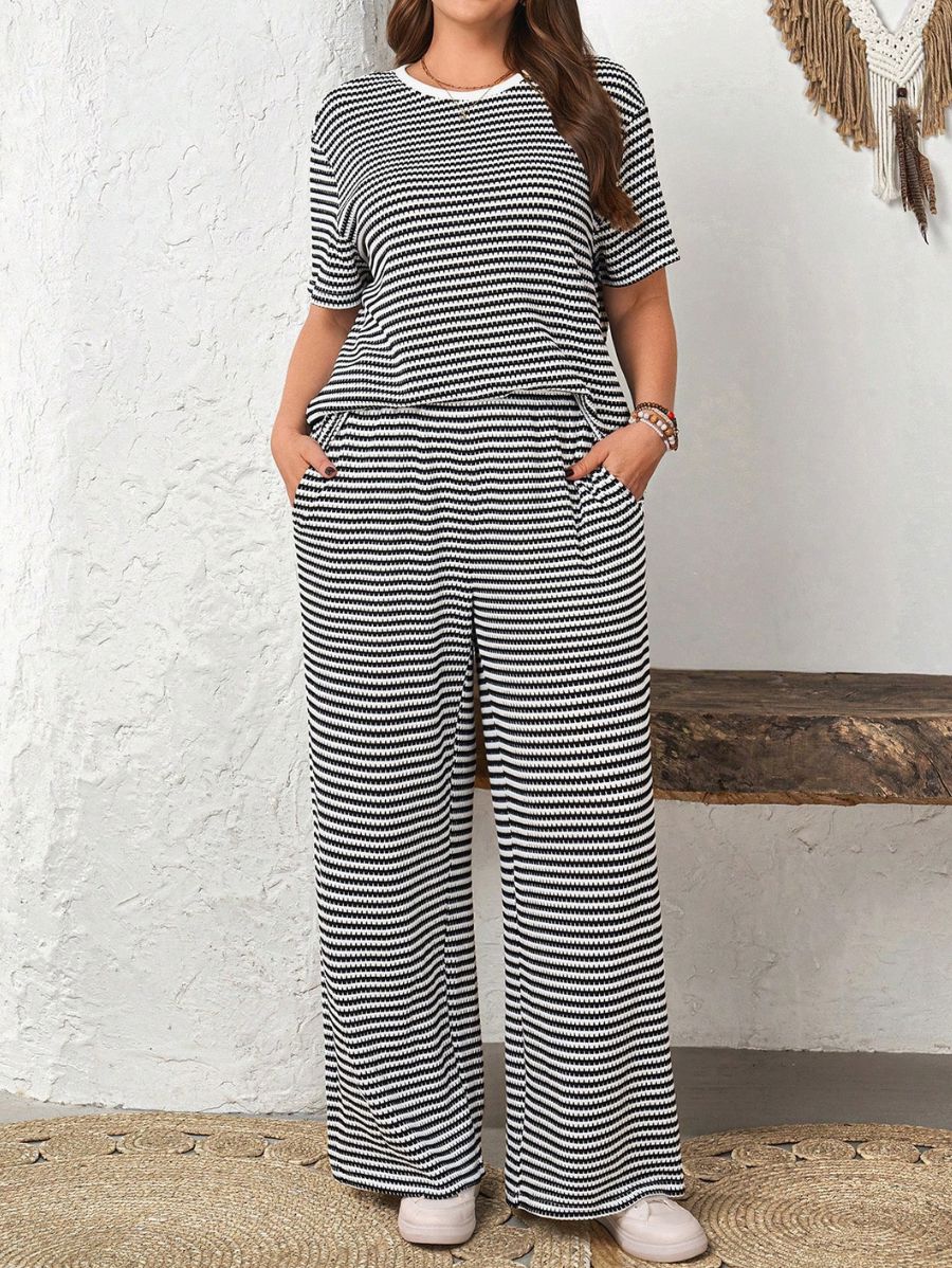 Conjunto De Blusa y Pantalón Holgado A Rayas Plus Size Conjunto Plus Size 07 ZAPRINI 