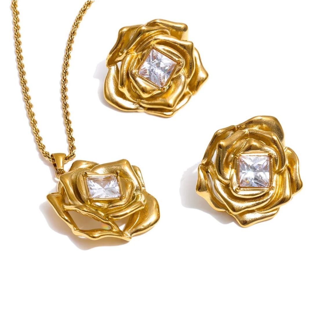 Conjunto De Flor Con Circonia Enchapado En Oro 18K Conjunto 02 ZAPRINI Oro 
