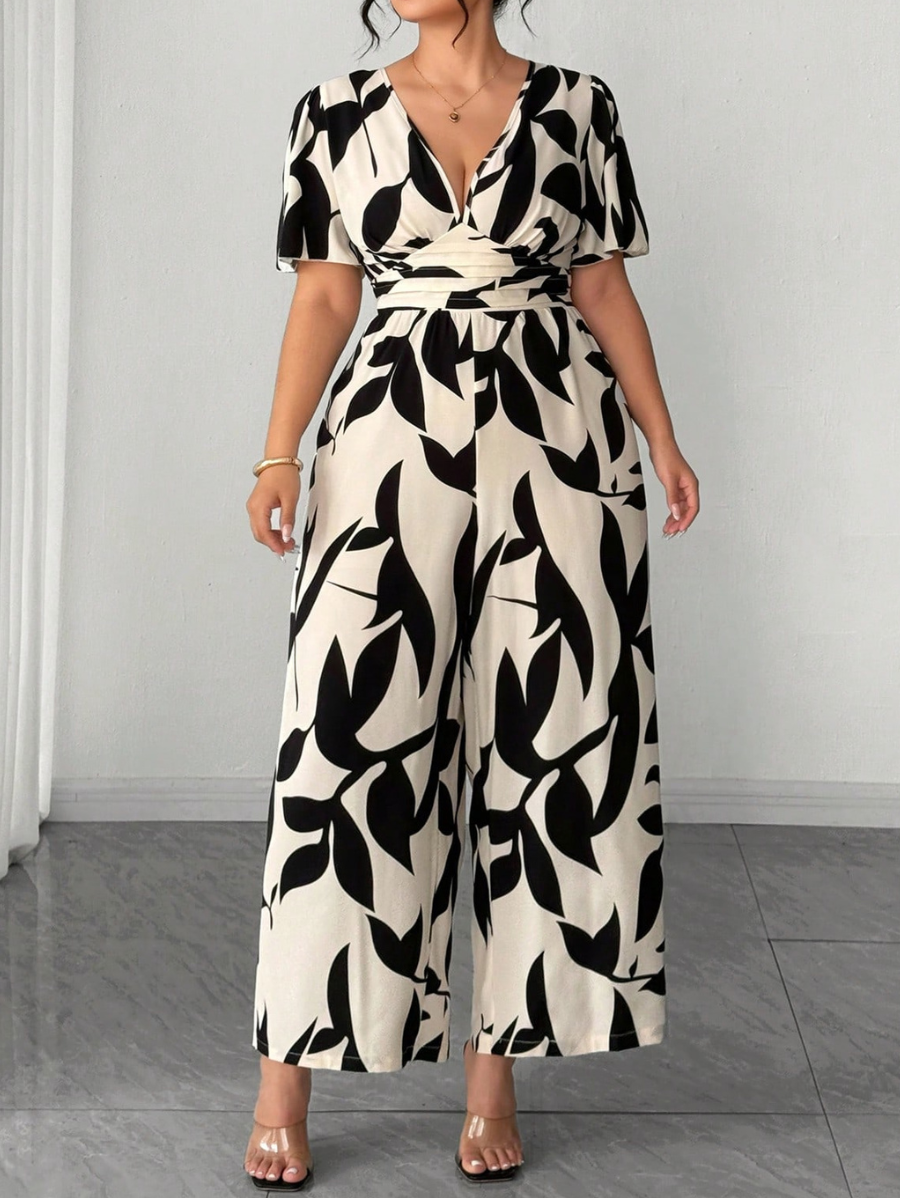 Enterito Con Escote En V y Estampado Plus Size