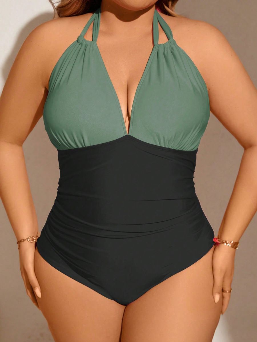 Enteriza Con Cuello Halter y Fruncido Plus Size Enteriza Plus Size 14 ZAPRINI Verde 0XL 