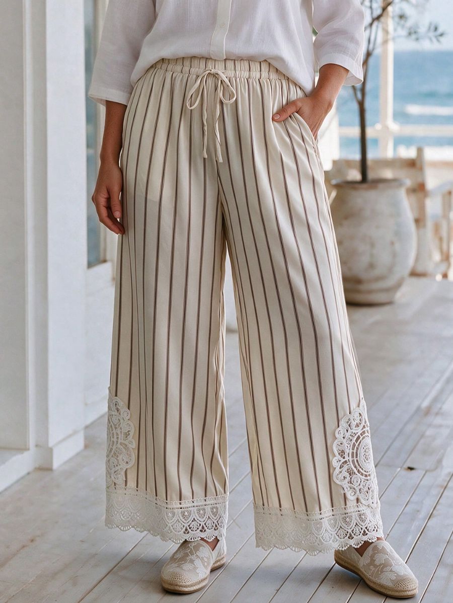 Pantalón A Rayas Con Encaje Plus Size Pantalon Plus Size 07 ZAPRINI 0XL 