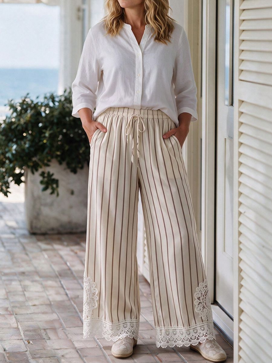 Pantalón A Rayas Con Encaje Plus Size Pantalon Plus Size 07 ZAPRINI 